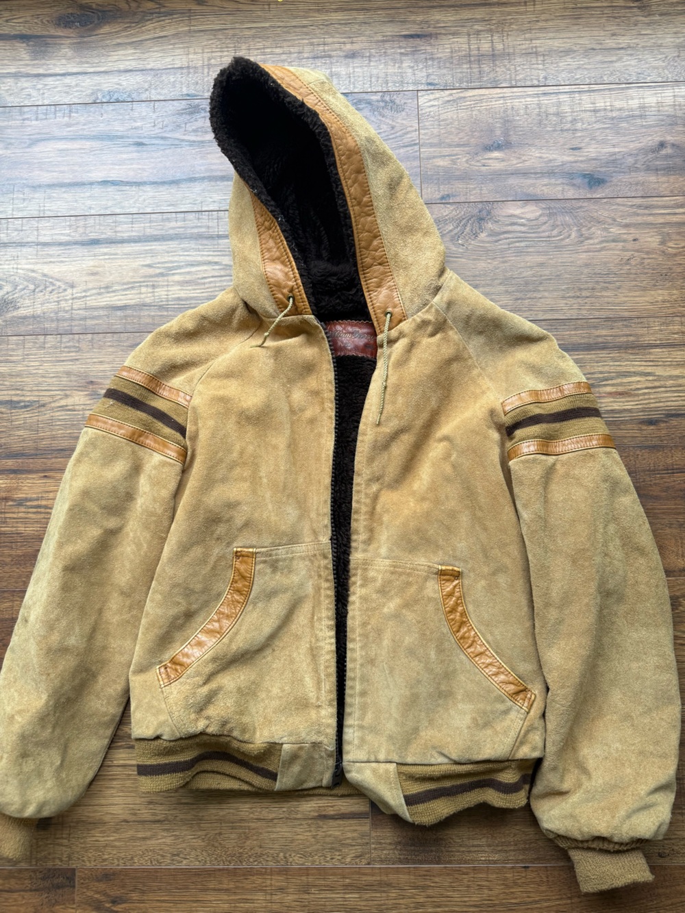 William Barry Tan Suede Hooded Bomber Jacket with Brown Trim